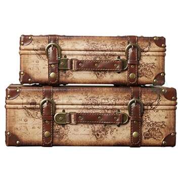 Vintiquewise(TM) Old World Map Leather Vintage Style Suitcase with Straps, Set of 2