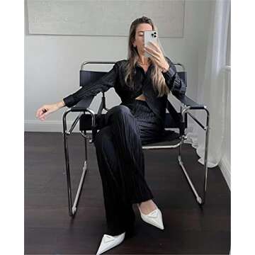 Abendedian Women 2 Piece Dressy Outfits Casual Long Sleeve Loose Fit Button Down Shirts Blouses Tops Wide Leg Long Pants Sets (Solid Black, S)