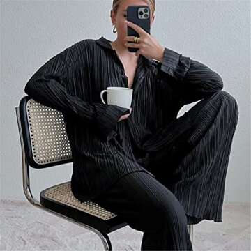 Abendedian Women 2 Piece Dressy Outfits Casual Long Sleeve Loose Fit Button Down Shirts Blouses Tops Wide Leg Long Pants Sets (Solid Black, S)