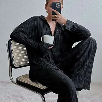 Abendedian Women 2 Piece Dressy Outfits Casual Long Sleeve Loose Fit Button Down Shirts Blouses Tops Wide Leg Long Pants Sets (Solid Black, S)