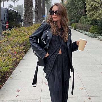 Abendedian Women 2 Piece Dressy Outfits Casual Long Sleeve Loose Fit Button Down Shirts Blouses Tops Wide Leg Long Pants Sets (Solid Black, S)