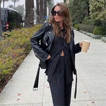 Abendedian Women 2 Piece Dressy Outfits Casual Long Sleeve Loose Fit Button Down Shirts Blouses Tops Wide Leg Long Pants Sets (Solid Black, S)