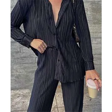 Abendedian Women 2 Piece Dressy Outfits Casual Long Sleeve Loose Fit Button Down Shirts Blouses Tops Wide Leg Long Pants Sets (Solid Black, S)