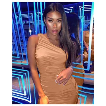 L'VOW Sexy One Shoulder Ruched Midi Pencil Dress