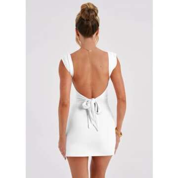 Womens 2025 Sexy Sleeveless Dress Square Neck Backless High Side Slit Ruched Bodycon Mini Dress White