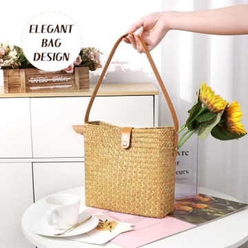Straw Shoulder Bag Small Handbags Purses Underarm Bag Square Pocketbook Bag Casual Woven Beach Bags Summer Hobo tote Bags (Square, Yellow)