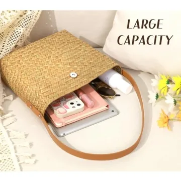 Straw Shoulder Bag Small Handbags Purses Underarm Bag Square Pocketbook Bag Casual Woven Beach Bags Summer Hobo tote Bags (Square, Yellow)