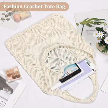 Sightor Crochet Tote Bag, Mesh Beach Bag Knit Summer Hobo Bag Vacation Boho Tote Bag for Women (Beige)