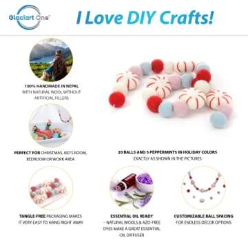 Glaciart One Peppermint Felt Ball Garland - Pompom Holiday Decoration Hand-Made from Natural Wool - ...