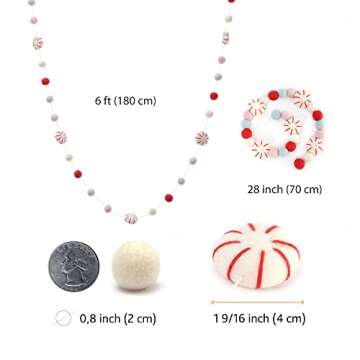 Glaciart One Peppermint Felt Ball Garland - Pompom Holiday Decoration Hand-Made from Natural Wool - Cute Hanging Decor for Christmas Tree, Mantel, Kids Bedroom, Living Room, Nursery - 6 Feet Long