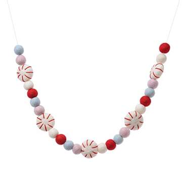 Glaciart One Peppermint Felt Ball Garland - Pompom Holiday Decoration Hand-Made from Natural Wool - Cute Hanging Decor for Christmas Tree, Mantel, Kids Bedroom, Living Room, Nursery - 6 Feet Long