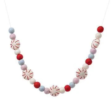 Glaciart One Peppermint Felt Ball Garland - Pompom Holiday Decoration Hand-Made from Natural Wool - Cute Hanging Decor for Christmas Tree, Mantel, Kids Bedroom, Living Room, Nursery - 6 Feet Long