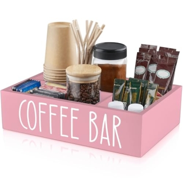 ALELION Pink Coffee Station Organizer with Removable Dividers - Wood Coffee Bar Accessories Organize...