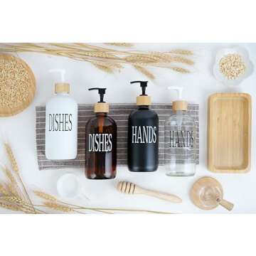 Emerson Essentials Soap Dispenser, Dish Soap Dispenser for kitchen, Hand Soap Dispensers, Kitchen Soap Dispenser, Hands Dishes Soap Dispenser Set, Glass Soap Dispenser Bathroom, Bamboo Tray | Set of 2