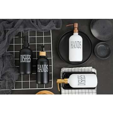 Emerson Essentials Soap Dispenser, Dish Soap Dispenser for kitchen, Hand Soap Dispensers, Kitchen Soap Dispenser, Hands Dishes Soap Dispenser Set, Glass Soap Dispenser Bathroom, Bamboo Tray | Set of 2