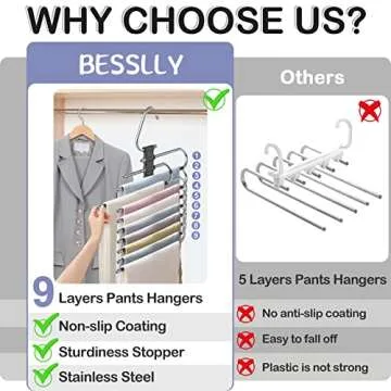Upgrade 9 Layers Pants Hangers Space Saving, 2 Pack Non Slip Stainless Steel Multifunctional Pants Rack Closet Pant Hanger Organizer with Hooks for Pants Jeans Trousers Dorm Room Essentials, Black