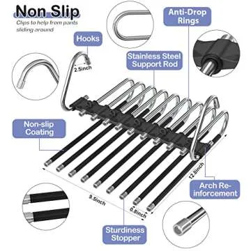 Upgrade 9 Layers Pants Hangers Space Saving, 2 Pack Non Slip Stainless Steel Multifunctional Pants Rack Closet Pant Hanger Organizer with Hooks for Pants Jeans Trousers Dorm Room Essentials, Black