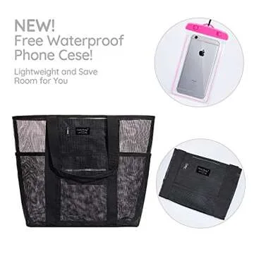 Frank Mully Mesh Beach Bag, Beach Bags and Totes with Handles, Large Toy Tote Bag with Phone Pouch