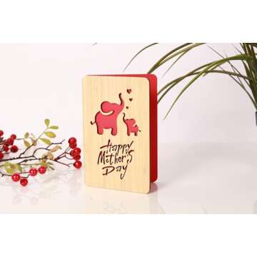 Della Stella Mothers Day Cards,Handmade Bamboo Greeting Cards,Wooden Thankyou Card,Wooden Birthday Card for Mom,Mum Birthday Gift,Elephant pattern