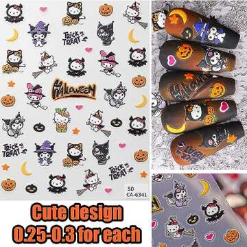 7 Pics 5D Halloween Nail Stickers, Small Cute Cartoon Nail Stickers for Kids, Girls and Women, Goth ...