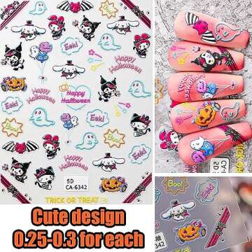7 Pics 5D Halloween Nail Stickers, Small Cute Cartoon Nail Stickers for Kids, Girls and Women, Goth Nail Charms, Accessories for Nail Art, Pegatinas para Uñas