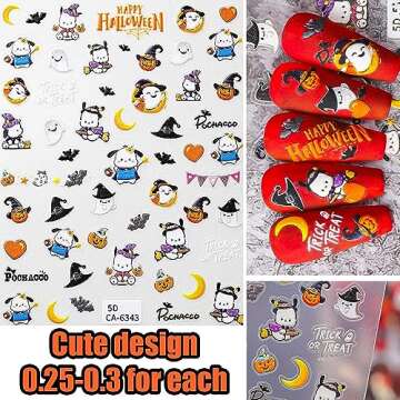 7 Pics 5D Halloween Nail Stickers, Small Cute Cartoon Nail Stickers for Kids, Girls and Women, Goth Nail Charms, Accessories for Nail Art, Pegatinas para Uñas