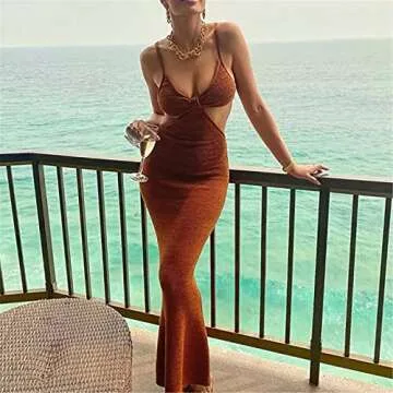 malianna Women's Sleeveless V Neck Dress Spaghetti Strap Hollow Out Knit Bodycon Maxi Dress (Brown, m)