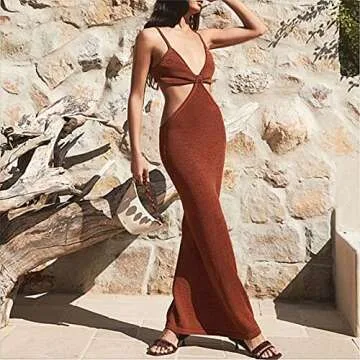 malianna Women's Sleeveless V Neck Dress Spaghetti Strap Hollow Out Knit Bodycon Maxi Dress (Brown, m)