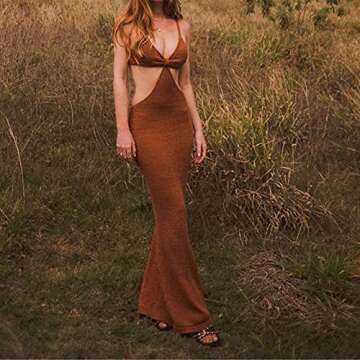 malianna Women's Sleeveless V Neck Dress Spaghetti Strap Hollow Out Knit Bodycon Maxi Dress (Brown, m)