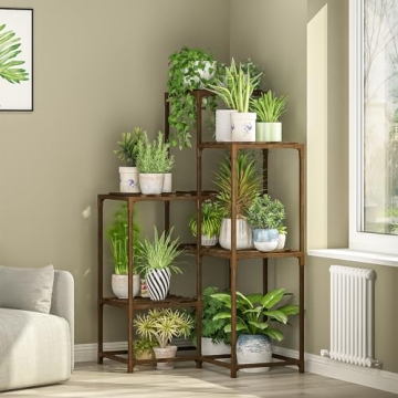 Bamworld Plant Stand Indoor Plant Shelf Outdoor Corner Wood Plant Table - Holds 7 Pots for Stylish G...