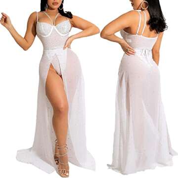 CUTUBLY Two Piece Outfits for Women Clubwear Spaghetti Straps See Through Stretchy Rhinestone Applique Midi Slit Dress(K2419-White-L)