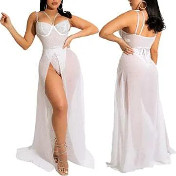 CUTUBLY Two Piece Outfits for Women Clubwear Spaghetti Straps See Through Stretchy Rhinestone Applique Midi Slit Dress(K2419-White-L)