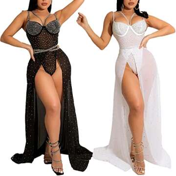 CUTUBLY Two Piece Outfits for Women Clubwear Spaghetti Straps See Through Stretchy Rhinestone Applique Midi Slit Dress(K2419-White-L)
