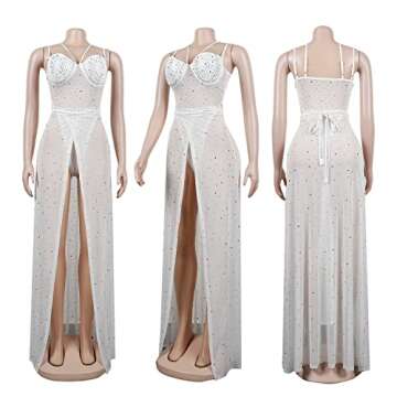 CUTUBLY Two Piece Outfits for Women Clubwear Spaghetti Straps See Through Stretchy Rhinestone Applique Midi Slit Dress(K2419-White-L)