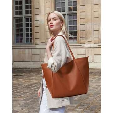 KALIDI Large Tote Bag Vegan Leather Casual Zipper Work Bag Weekender Hobo for Women 23L Oversize Shoulder Travel Purse (Brown)