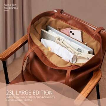 KALIDI Large Tote Bag Vegan Leather Casual Zipper Work Bag Weekender Hobo for Women 23L Oversize Shoulder Travel Purse (Brown)