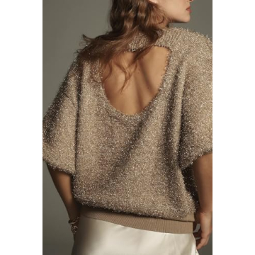 SCOFEEL Women Short Sleeve Sequin Sweater Crewneck Hollow Out Party Pullover Top Sexy Fashion Club Glitter Shimmer Blouse Khaki