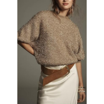 SCOFEEL Women Short Sleeve Sequin Sweater Crewneck Hollow Out Party Pullover Top Sexy Fashion Club Glitter Shimmer Blouse Khaki