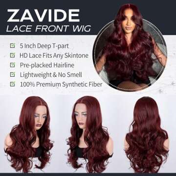 ZAVIDE Burgundy Synthetic Lace Front Wigs Body Wave Pre Plucked Glueless Wig HD Lace 13x5x1 Middle Part Wigs For Woman