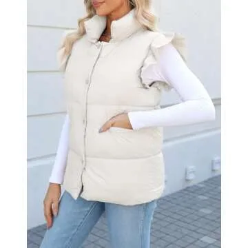 Kedera Women's Ruffle Sleeve Puffy Puffer Vests Winter Button Down Padded Gilet with Pocket