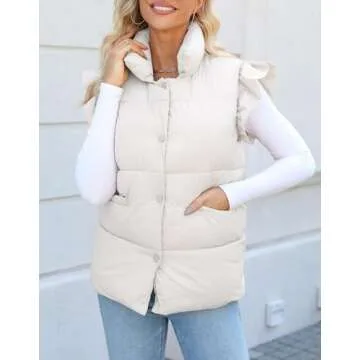 Kedera Women's Ruffle Sleeve Puffy Puffer Vests Winter Button Down Padded Gilet with Pocket