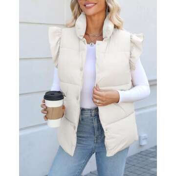 Kedera Women's Ruffle Sleeve Puffy Puffer Vests Winter Button Down Padded Gilet with Pocket