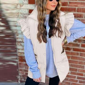 Kedera Women's Ruffle Sleeve Puffy Puffer Vests Winter Button Down Padded Gilet with Pocket