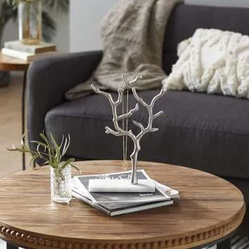 CosmoLiving by Cosmopolitan Deco 79 Marble Tree Jewelry Stand with Marble Base, 9" x 3" x 13", Silver