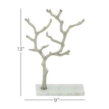 CosmoLiving by Cosmopolitan Deco 79 Marble Tree Jewelry Stand with Marble Base, 9" x 3" x 13", Silver