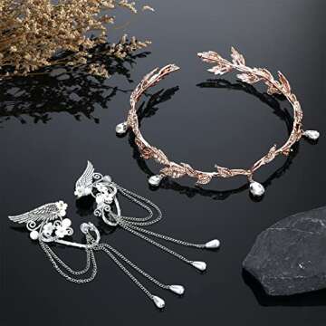 Hicarer Fairy Leaf Crown Headpiece Elf Ears Cuffs Rhinestone Elven Wings Tiara for Halloween Medieva...