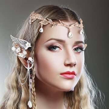 Hicarer Fairy Leaf Crown Headpiece Elf Ears Cuffs Rhinestone Elven Wings Tiara for Halloween Medieval Renaissance Cosplay(Rose Gold, Silver)