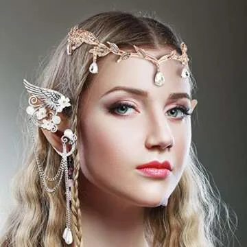Hicarer Fairy Leaf Crown Headpiece Elf Ears Cuffs Rhinestone Elven Wings Tiara for Halloween Medieval Renaissance Cosplay(Rose Gold, Silver)