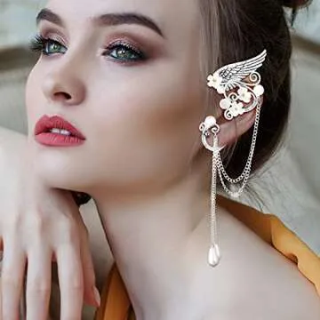 Hicarer Fairy Leaf Crown Headpiece Elf Ears Cuffs Rhinestone Elven Wings Tiara for Halloween Medieval Renaissance Cosplay(Rose Gold, Silver)