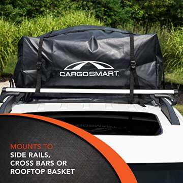 CARGOSMART CargoSmart Soft Sided Car Top Cargo Bag, 38”x38”x18” – Adds up to 15 Cubic Feet of Storage – Easily Mounts to Vehicle’s Roof Rack or Roof Top Basket – Heavy-Duty Vinyl, Black